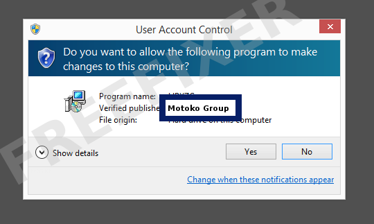 Screenshot where Motoko Group appears as the verified publisher in the UAC dialog